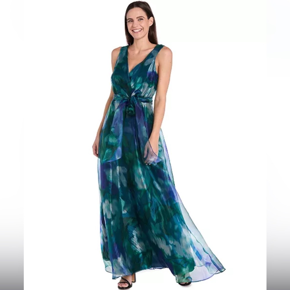 R&M Richards Teal & Blue Watercolor Floral Maxi Dress with Waist Tie